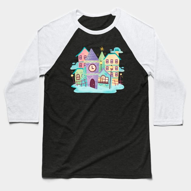 Watercolor Cute Town Scene Baseball T-Shirt by parazitgoodz